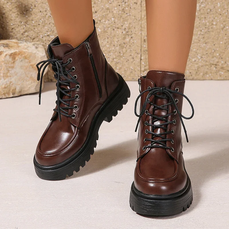 Comfort Wide Leg Platform Leather Ankle Boots Women Plus Size 42 Autumn Winter 2025 Lace Up Motorcycle Boots Woman Short Botas - Image 4