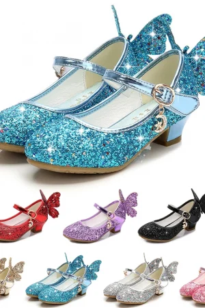 Girls Glitter Butterfly Shoes Halloween Princess High Heels Shoes Children Wedding Party Fashion Fantasy Performance Sandals