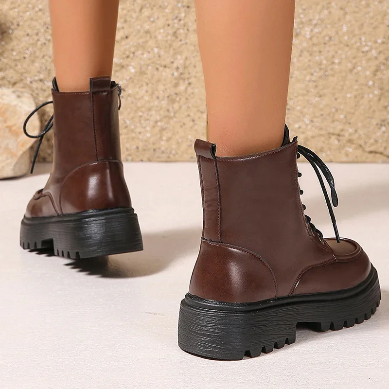Comfort Wide Leg Platform Leather Ankle Boots Women Plus Size 42 Autumn Winter 2025 Lace Up Motorcycle Boots Woman Short Botas - Image 6