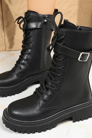 Fashion Buckle Platform Mid Calf Boots Women Lace Up Punk Motorcycle Boots Woman Autumn Winter Thick Sole Pu Leather Botas 35-42