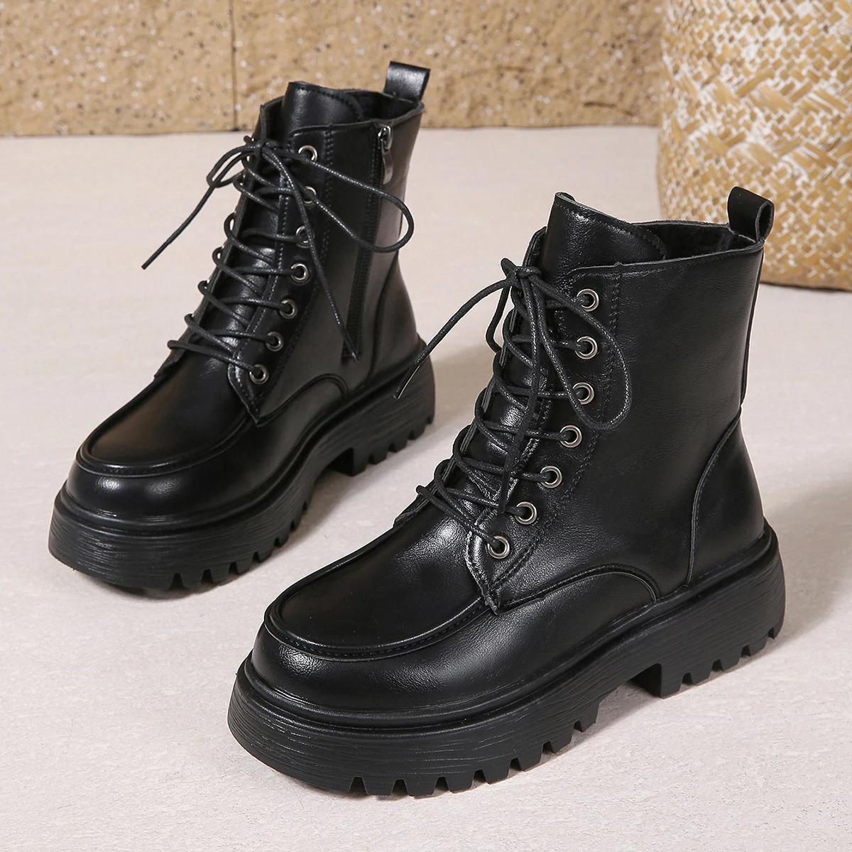 Comfort Wide Leg Platform Leather Ankle Boots Women Plus Size 42 Autumn Winter 2025 Lace Up Motorcycle Boots Woman Short Botas - Image 2