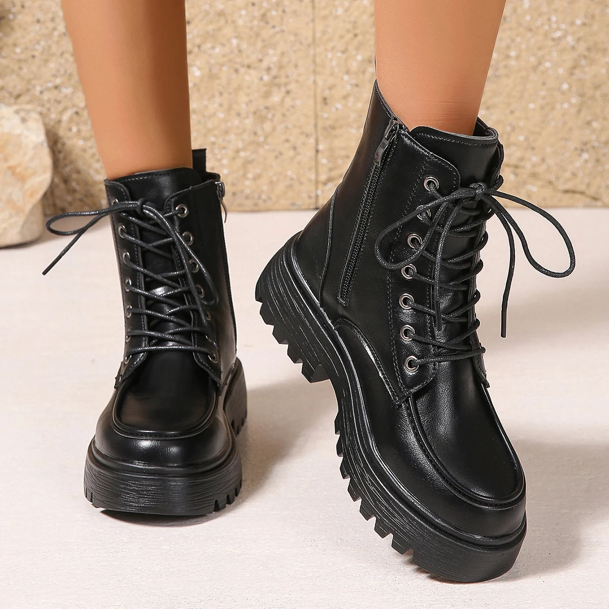 Comfort Wide Leg Platform Leather Ankle Boots Women Plus Size 42 Autumn Winter 2025 Lace Up Motorcycle Boots Woman Short Botas